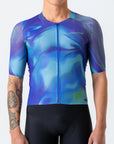 Cycling jersey with a blue and purple abstract design on a white background