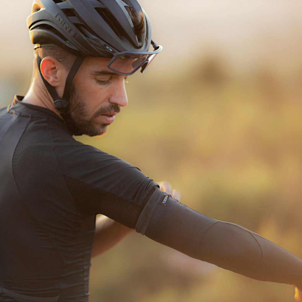 black cycling sleeves with ceramic shield crash protection